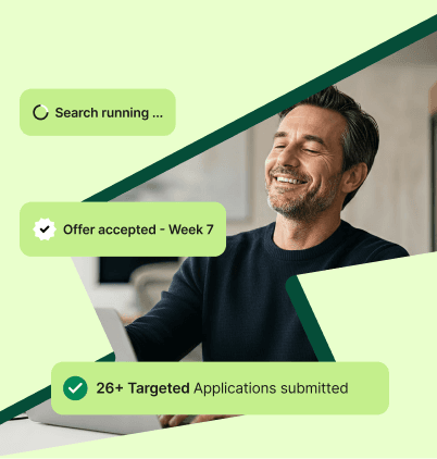 Senior professional reviewing search results with status updates for running search, accepted offer, and submitted applications