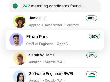 Candidate search results list with match percentages