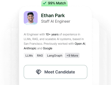 Curated candidate profile card with match score and skills