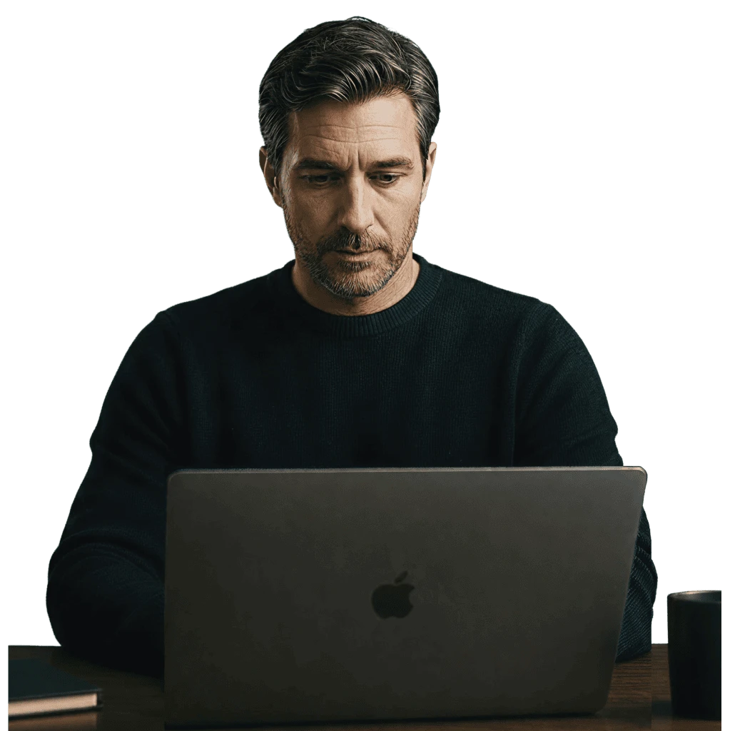 Senior professional reviewing job opportunities on laptop